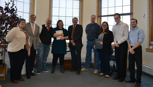 From left to right, Director of Library Services Angela Grogan, President Dr. Barney Forsythe, Assistant Professor of History Dr. Mark Boulton, Assistant Professor of History Dr. Cinnamon Brown, co-chairs of the Kingdom of Callaway Civil War Heritage Joe Holt '62 and Bryant Liddle, John York '16, and Spencer O'Gara '16. Brown, Boulton, York, and O'Gara participated in the 2013 dig.